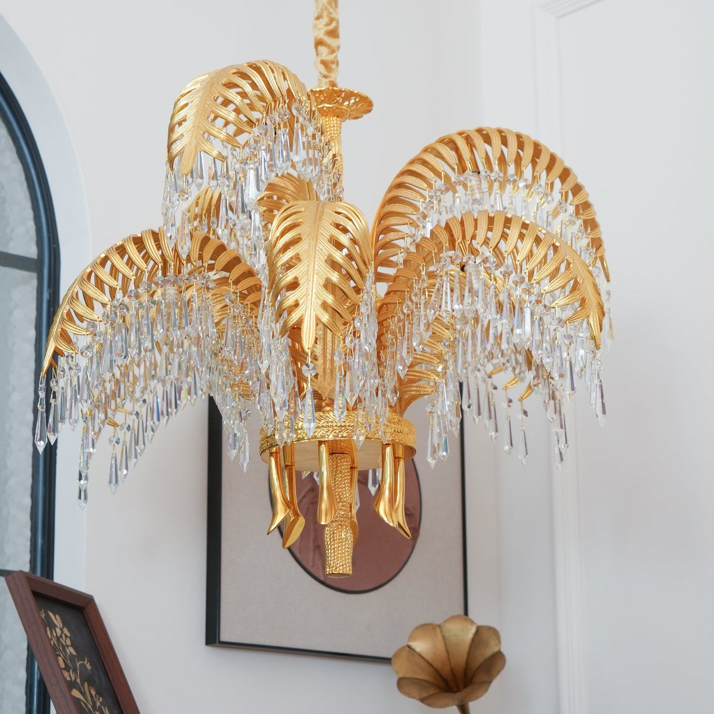 Palm Leaf Crystal Chandelier | Handcrafted Brass & Crystal | 3, 6, 8 Heads