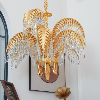 Palm Leaf Crystal Chandelier | Handcrafted Brass & Crystal | 3, 6, 8 Heads