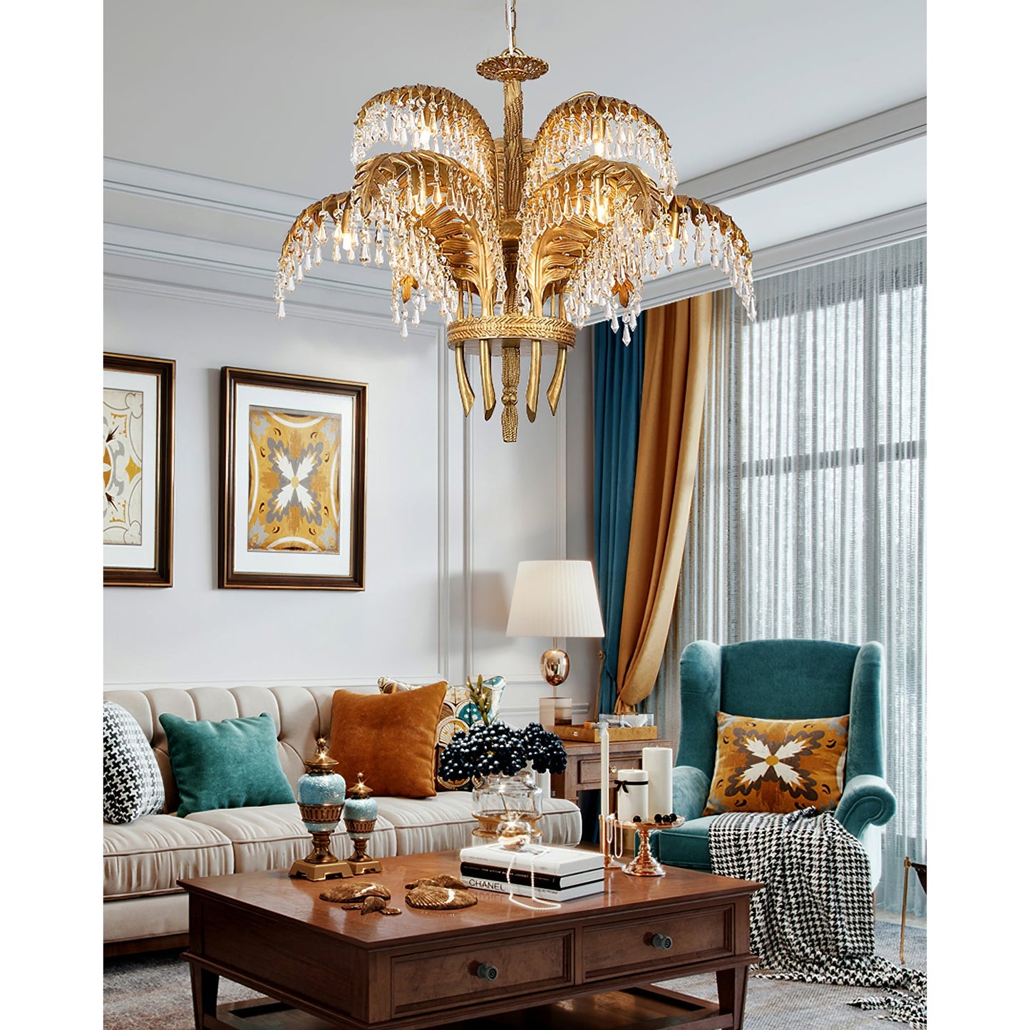 Palm Leaf Crystal Chandelier | Handcrafted Brass & Crystal | 3, 6, 8 Heads