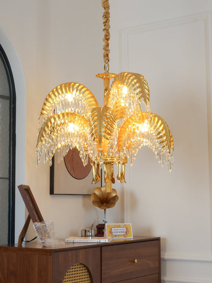 Palm Leaf Crystal Chandelier | Handcrafted Brass & Crystal | 3, 6, 8 Heads