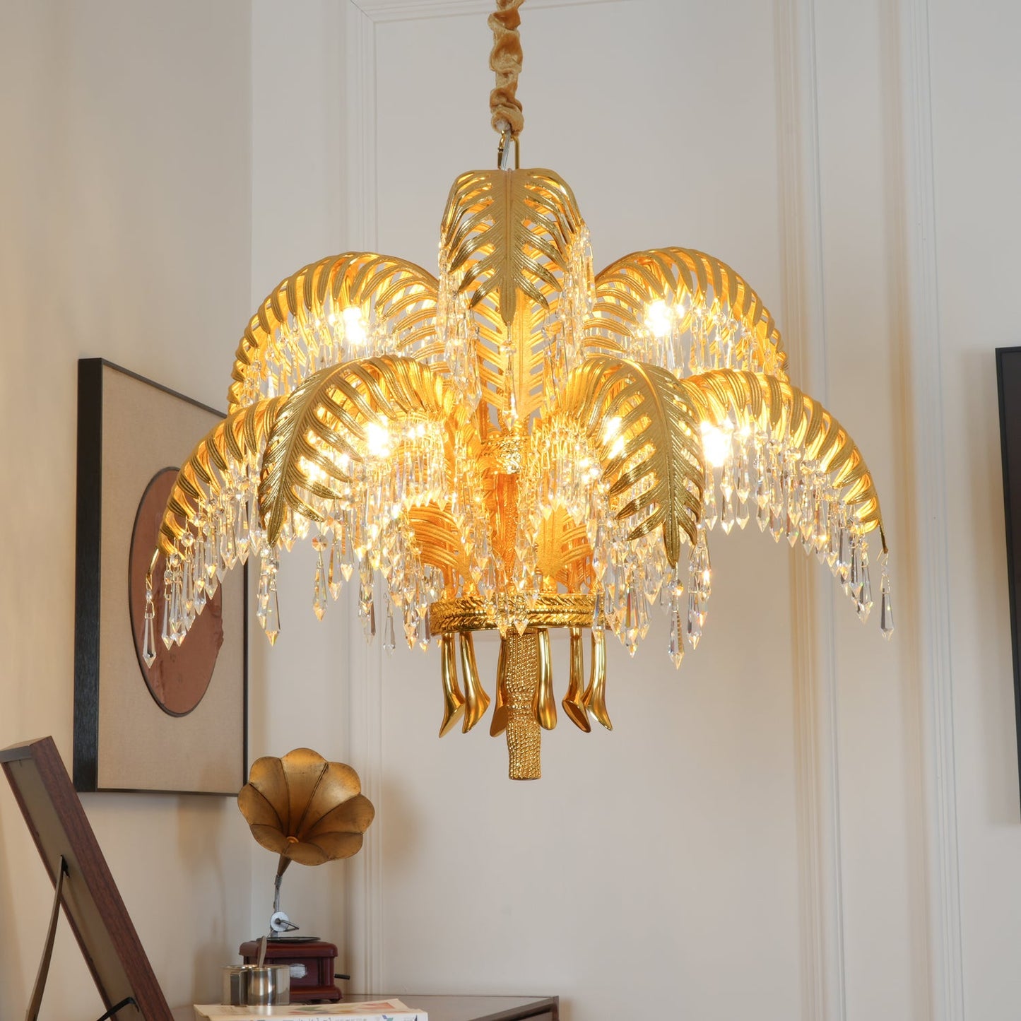 Palm Leaf Crystal Chandelier | Handcrafted Brass & Crystal | 3, 6, 8 Heads