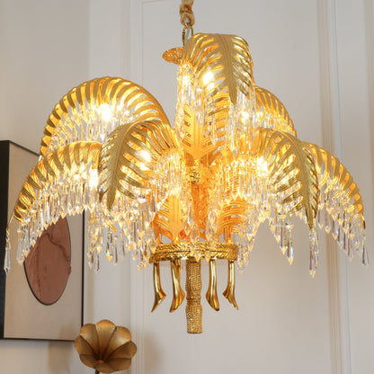 Palm Leaf Crystal Chandelier | Handcrafted Brass & Crystal | 3, 6, 8 Heads