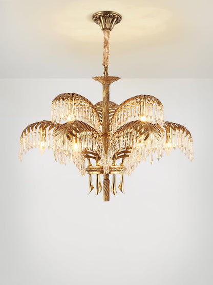 Palm Leaf Crystal Chandelier | Handcrafted Brass & Crystal | 3, 6, 8 Heads