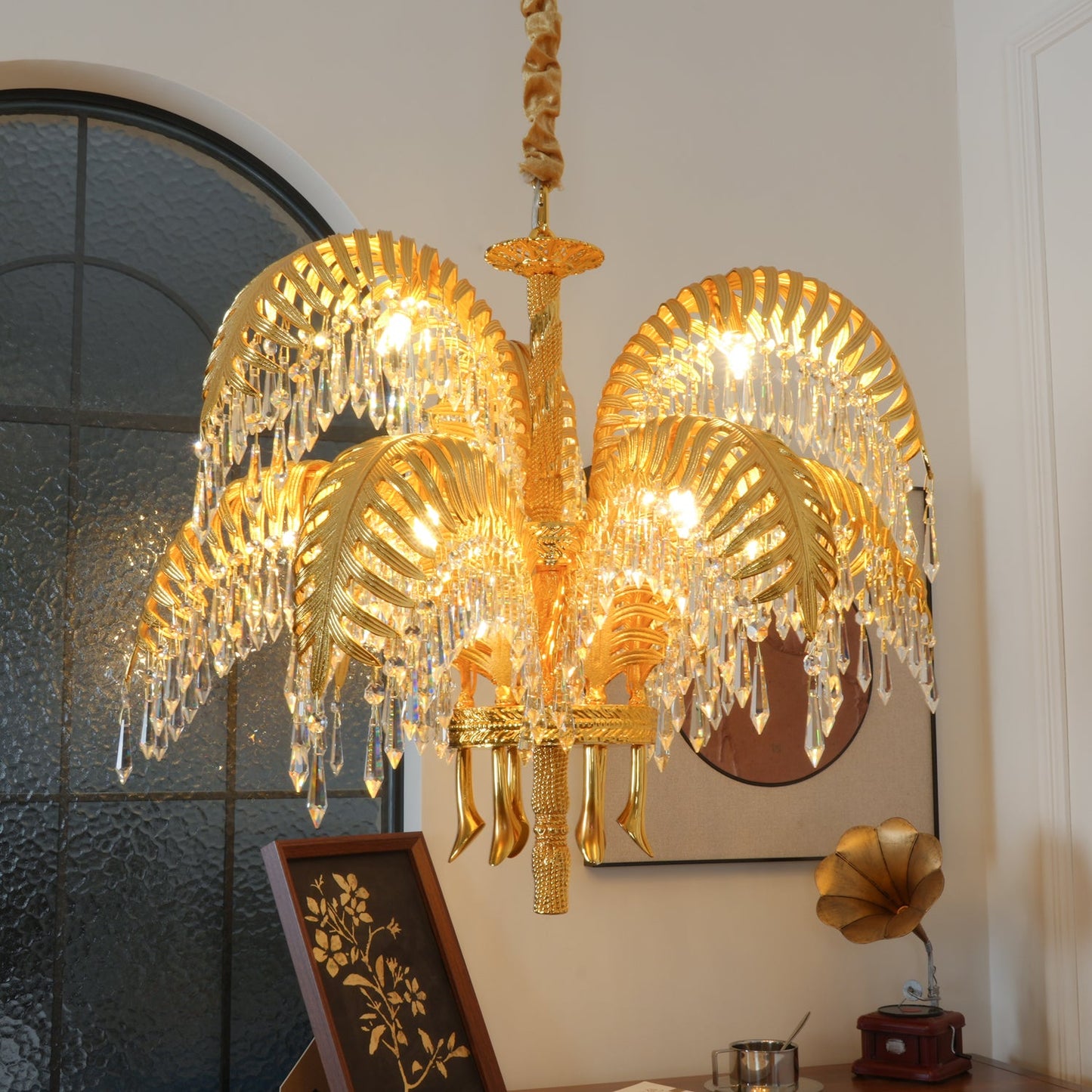 Palm Leaf Crystal Chandelier | Handcrafted Brass & Crystal | 3, 6, 8 Heads