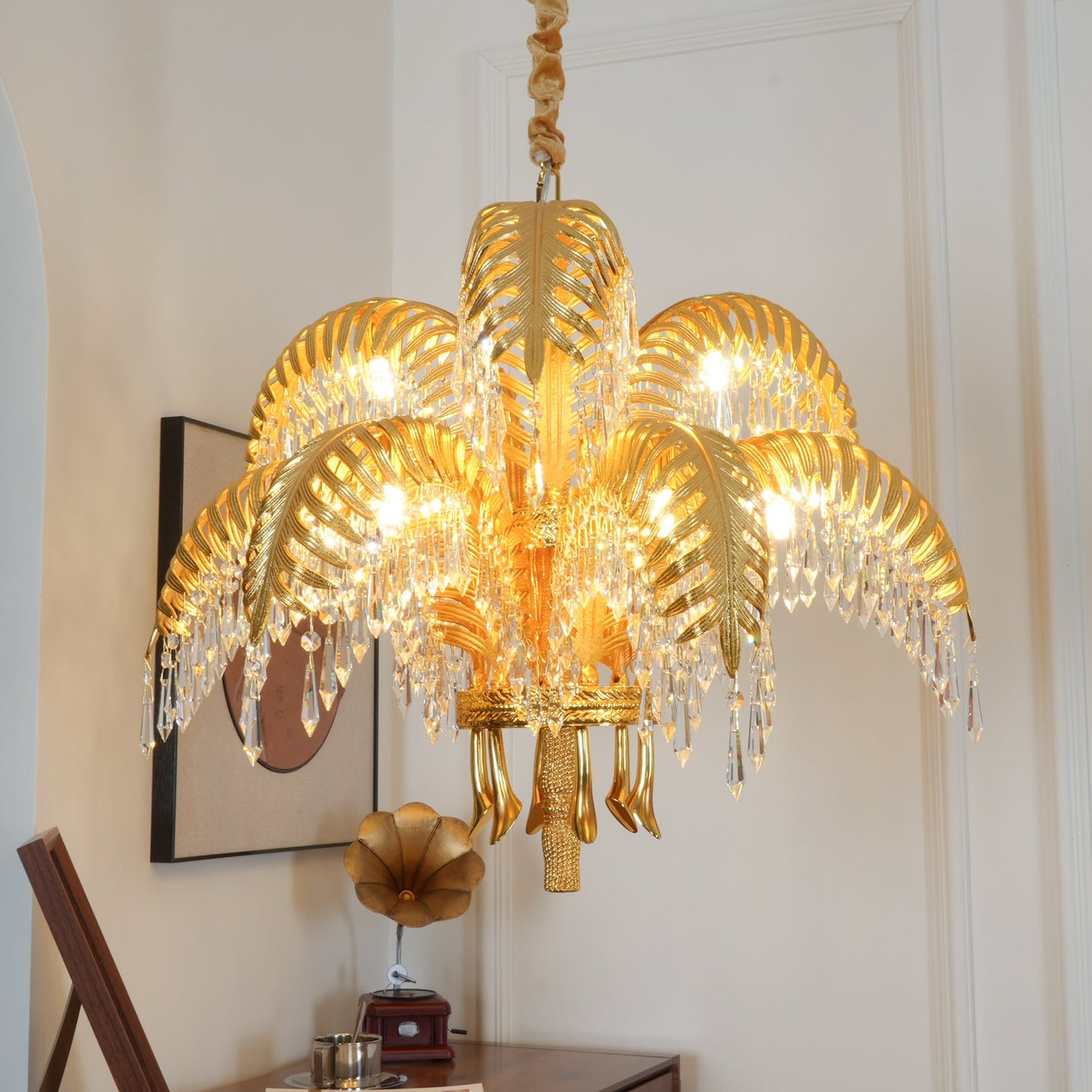 Palm Leaf Crystal Chandelier | Handcrafted Brass & Crystal | 3, 6, 8 Heads