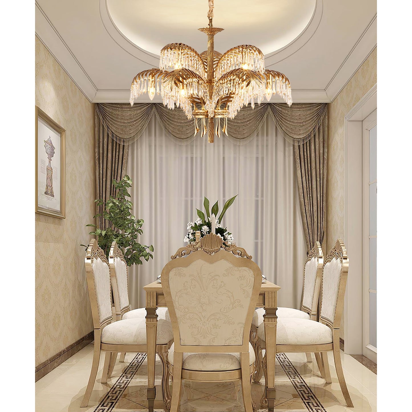 Palm Leaf Crystal Chandelier | Handcrafted Brass & Crystal | 3, 6, 8 Heads
