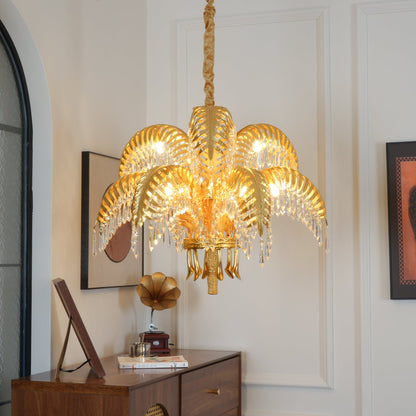 Palm Leaf Crystal Chandelier | Handcrafted Brass & Crystal | 3, 6, 8 Heads