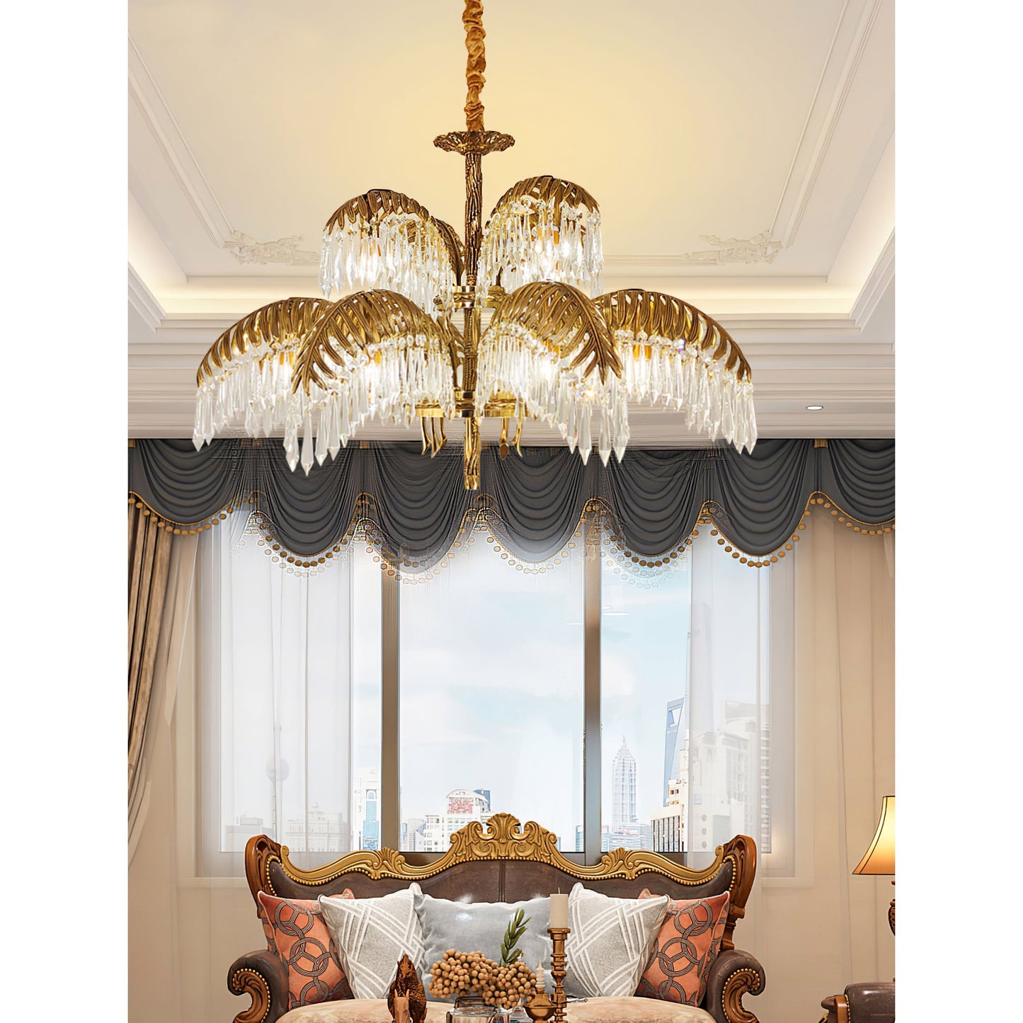 Palm Leaf Crystal Chandelier | Handcrafted Brass & Crystal | 3, 6, 8 Heads
