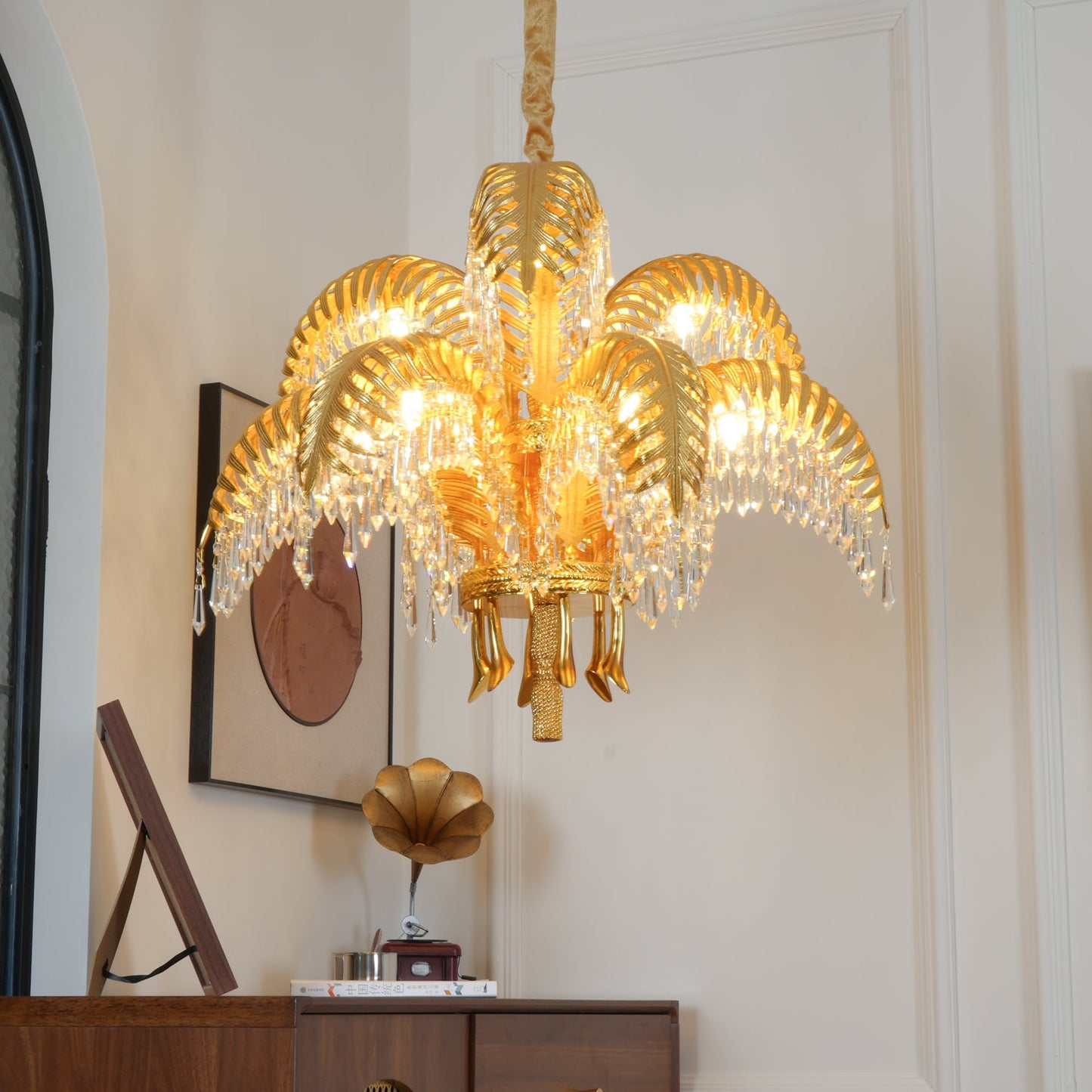 Palm Leaf Crystal Chandelier | Handcrafted Brass & Crystal | 3, 6, 8 Heads