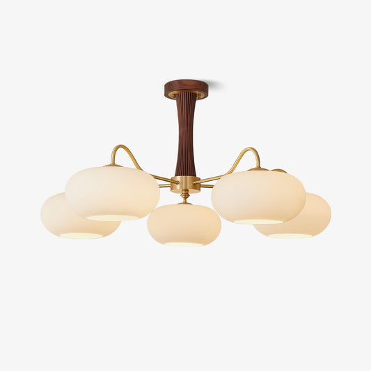 Brass Wooden Chandelier | Glass Shade | 3 or 5 Lights