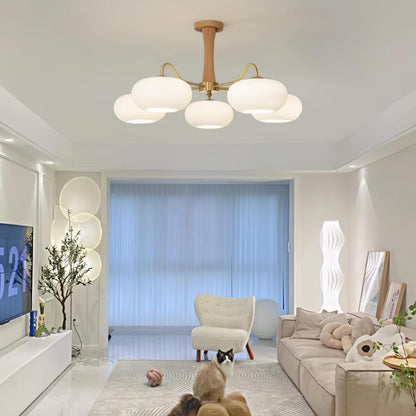 Brass Wooden Chandelier | Glass Shade | 3 or 5 Lights