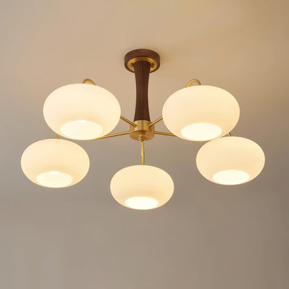 Brass Wooden Chandelier | Glass Shade | 3 or 5 Lights