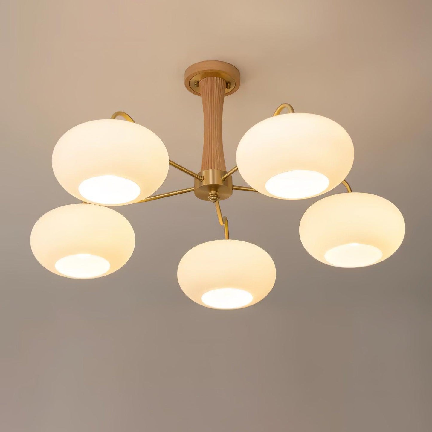 Brass Wooden Chandelier | Glass Shade | 3 or 5 Lights