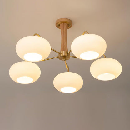 Brass Wooden Chandelier | Glass Shade | 3 or 5 Lights