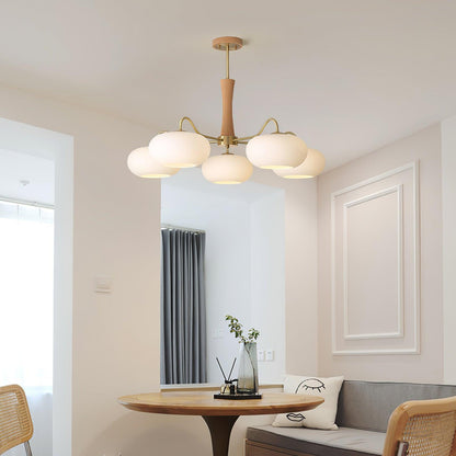 Brass Wooden Chandelier | Glass Shade | 3 or 5 Lights