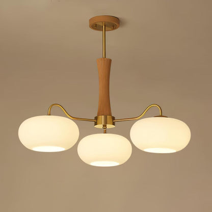 Brass Wooden Chandelier | Glass Shade | 3 or 5 Lights