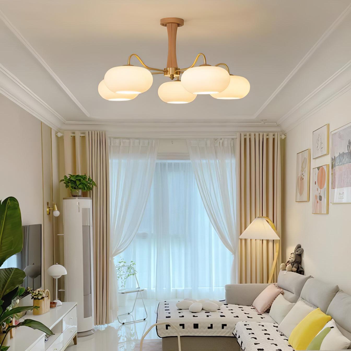 Brass Wooden Chandelier | Glass Shade | 3 or 5 Lights