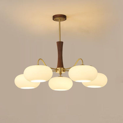 Brass Wooden Chandelier | Glass Shade | 3 or 5 Lights