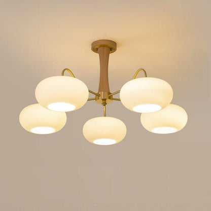 Brass Wooden Chandelier | Glass Shade | 3 or 5 Lights