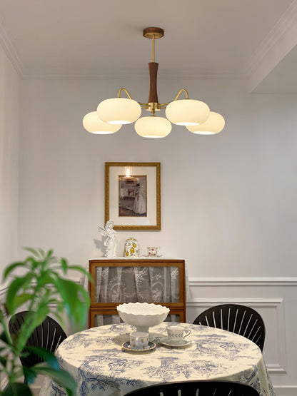 Brass Wooden Chandelier | Glass Shade | 3 or 5 Lights