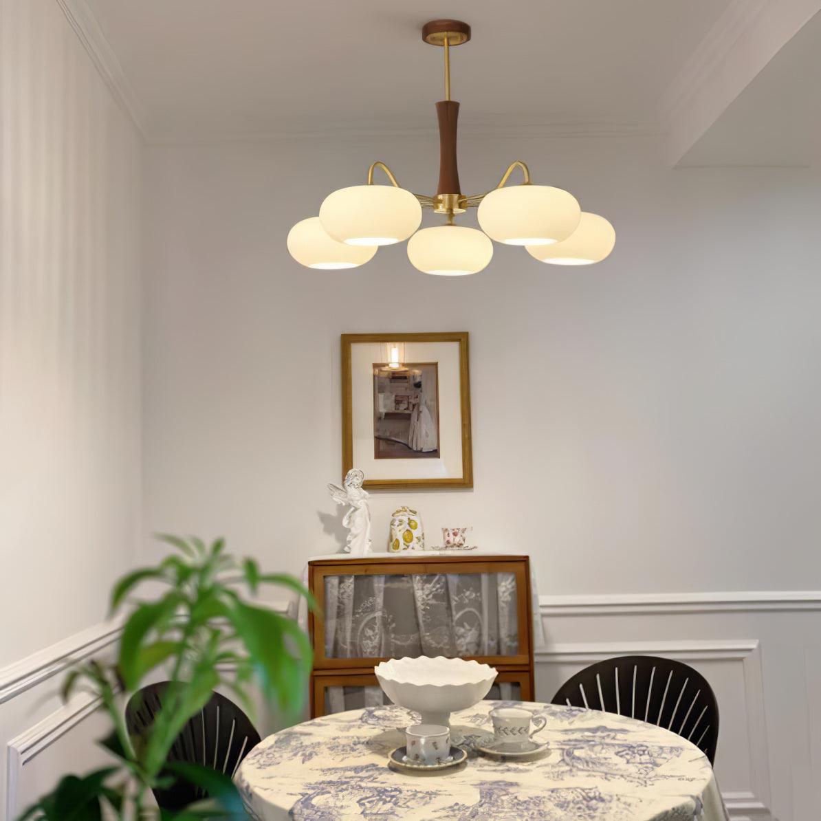 Brass Wooden Chandelier | Glass Shade | 3 or 5 Lights