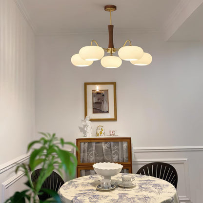 Brass Wooden Chandelier | Glass Shade | 3 or 5 Lights