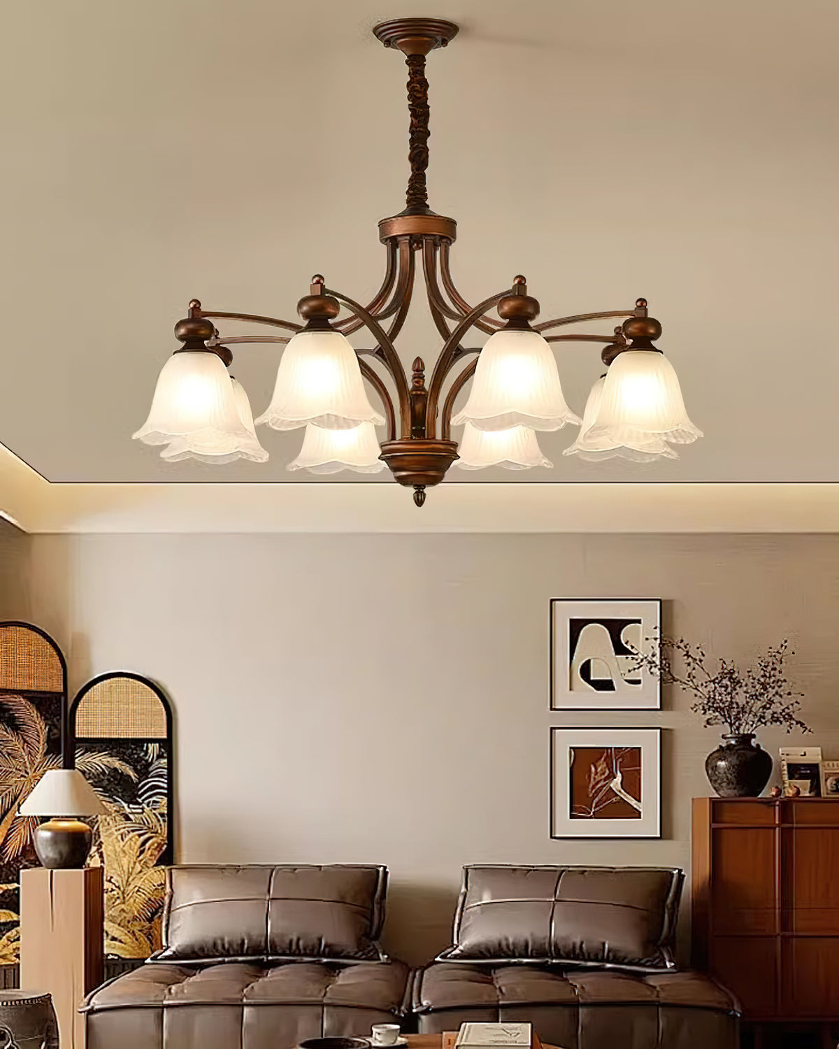 Bellrose Chandelier | Metal & Frosted Glass | Reddish Brown, 3-10 Lights