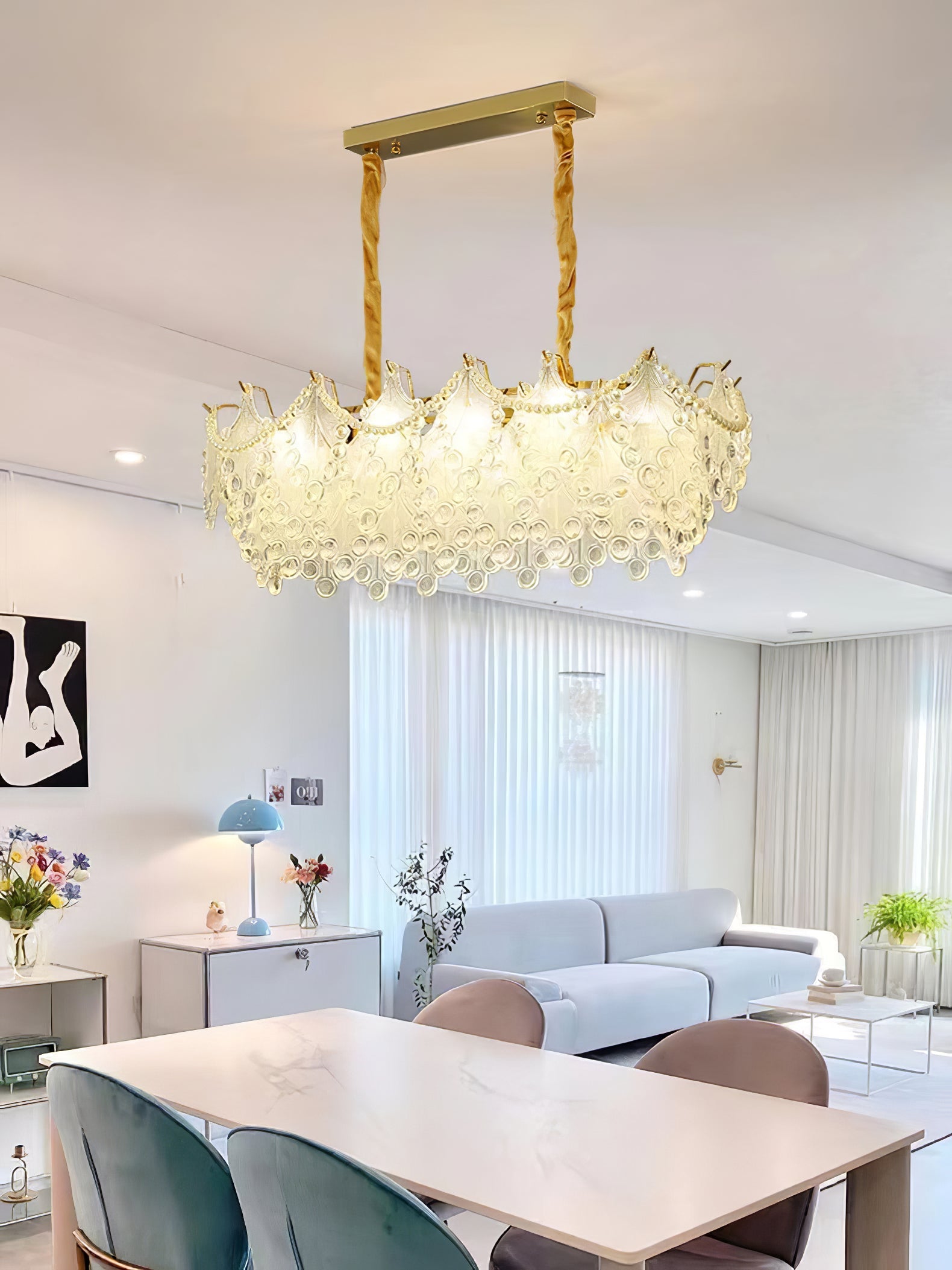 Glass Chandelier | Bronze Carved Midcentury Design | 3-Tier, 5-Tier, Rectangle Options