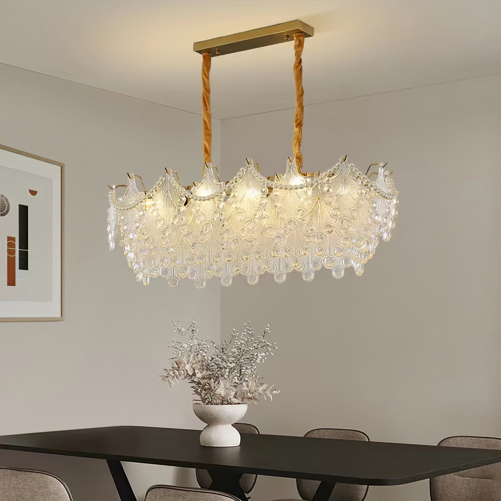 Glass Chandelier | Bronze Carved Midcentury Design | 3-Tier, 5-Tier, Rectangle Options