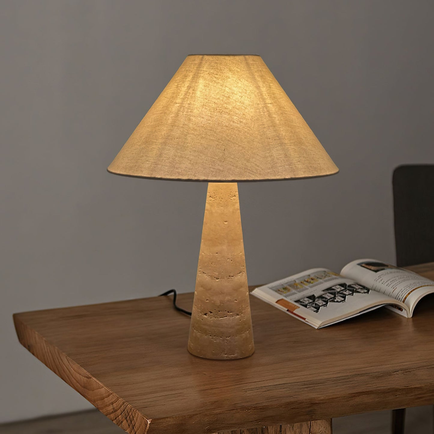 Travertine Table Lamp | Beige Fabric Shade | Modern Design