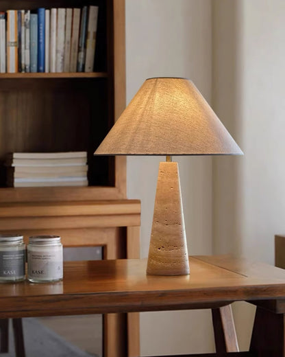Travertine Table Lamp | Beige Fabric Shade | Modern Design