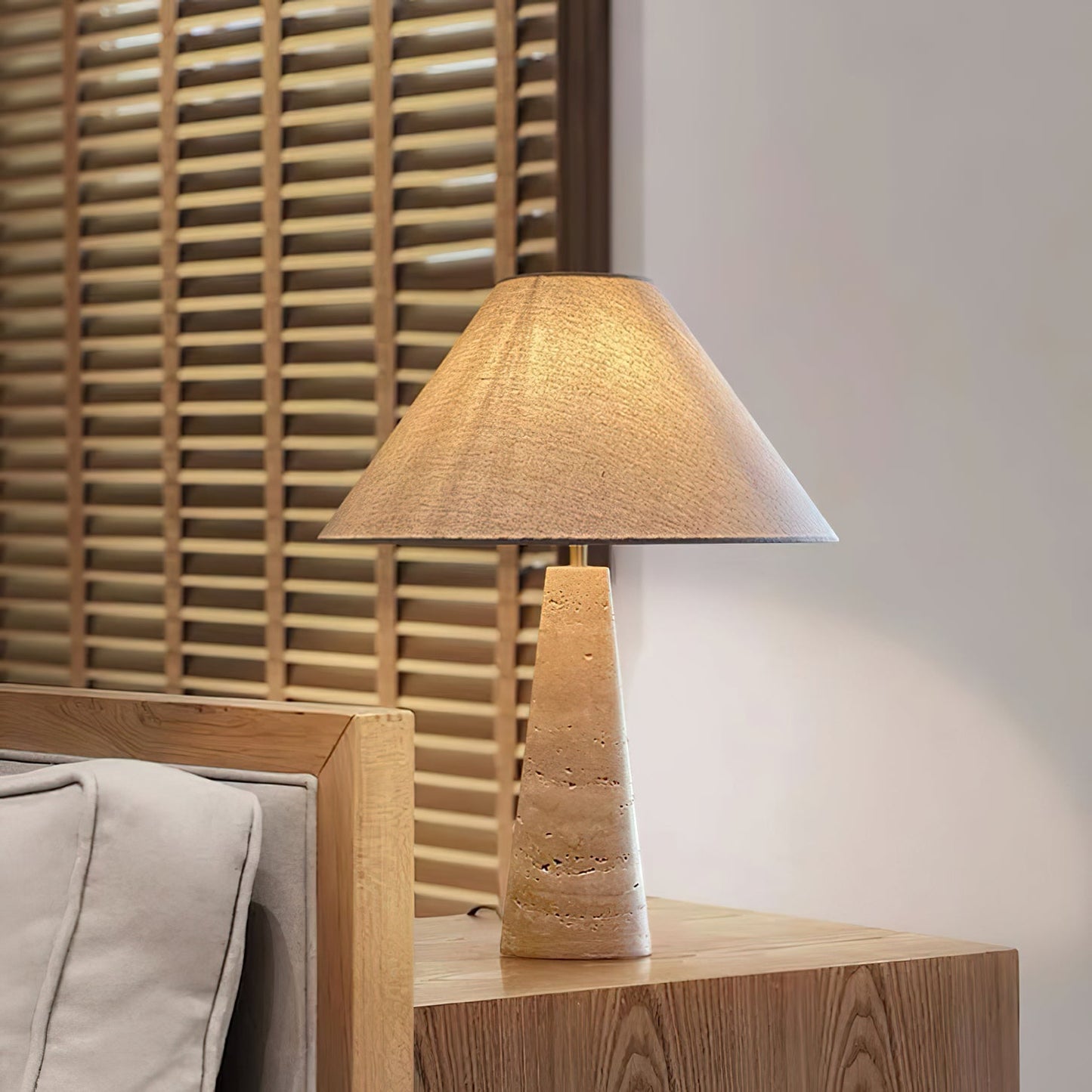 Travertine Table Lamp | Beige Fabric Shade | Modern Design