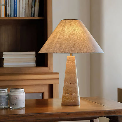 Travertine Table Lamp | Beige Fabric Shade | Modern Design