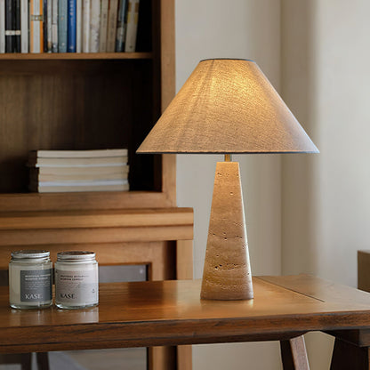 Travertine Table Lamp | Beige Fabric Shade | Modern Design