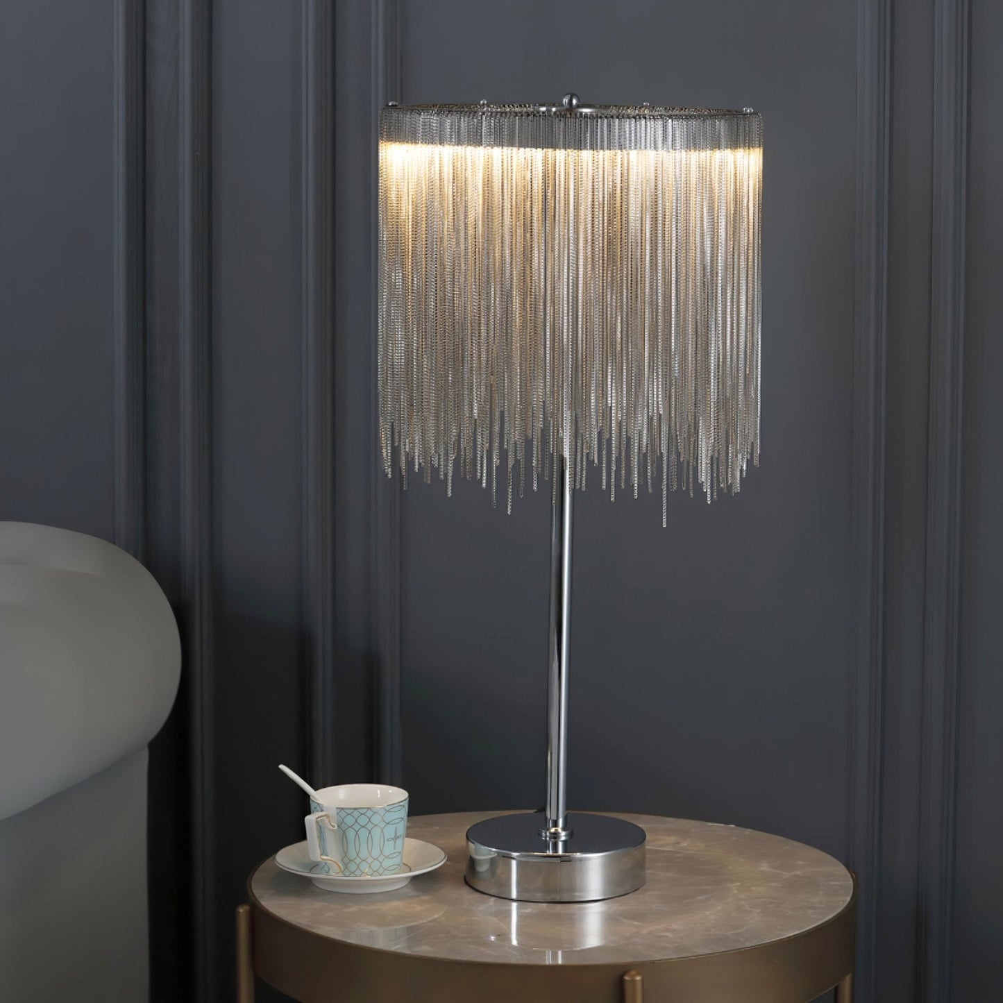 Cadena Tassel Table Lamp | Stainless Steel & Aluminum Chain | Chrome
