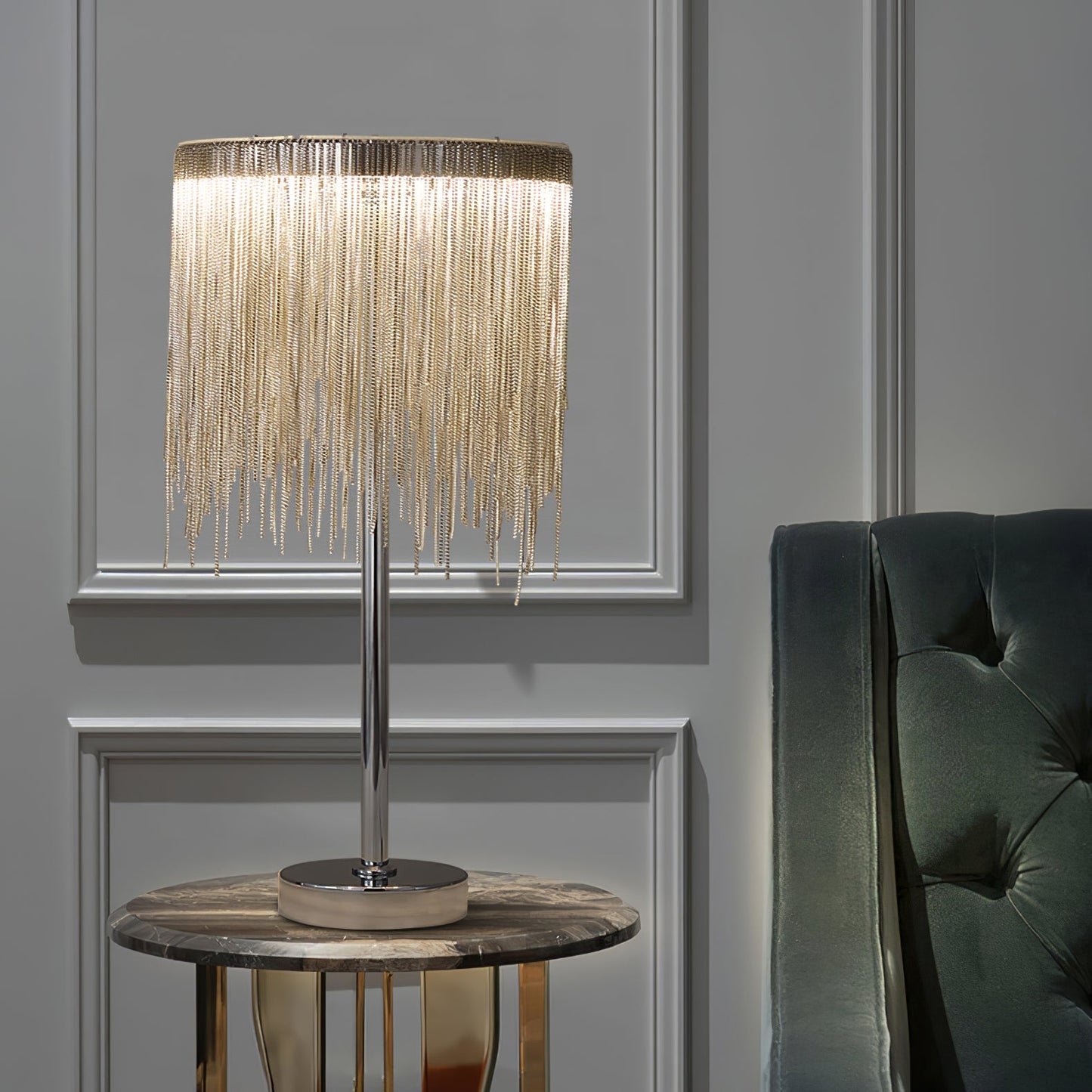 Cadena Tassel Table Lamp | Stainless Steel & Aluminum Chain | Chrome