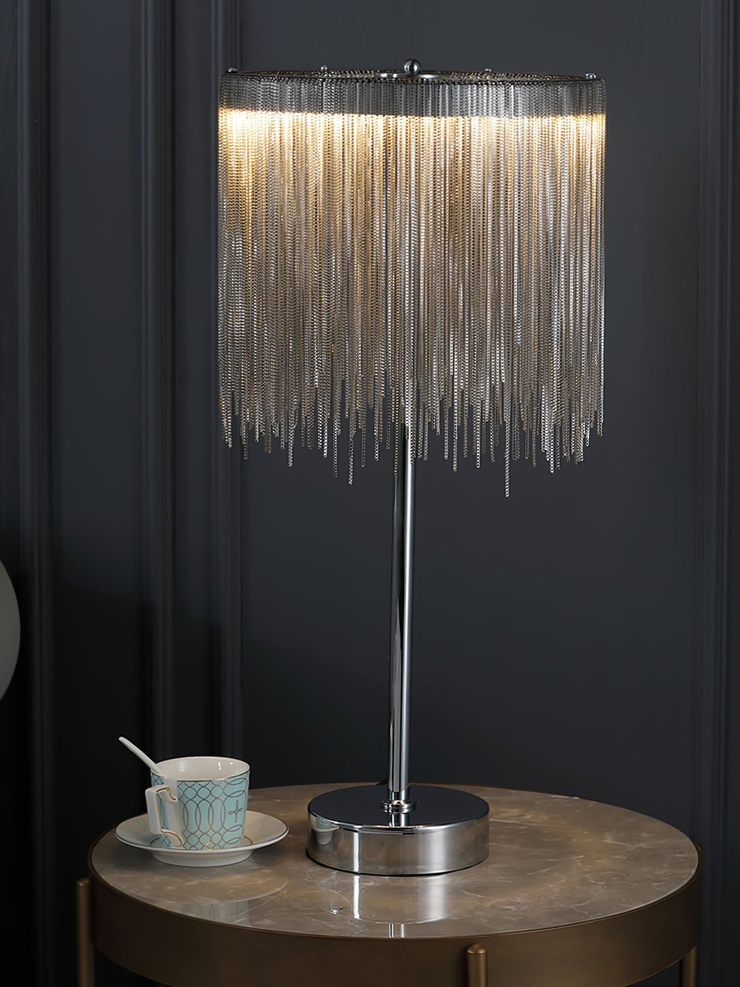 Cadena Tassel Table Lamp | Stainless Steel & Aluminum Chain | Chrome