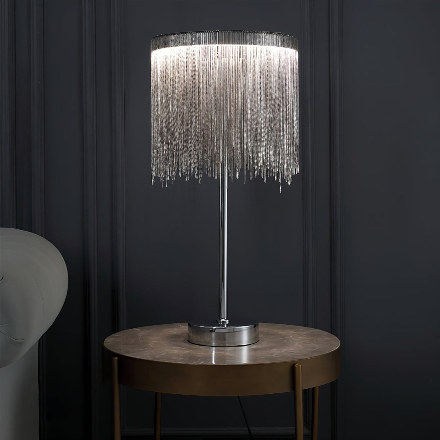 Cadena Tassel Table Lamp | Stainless Steel & Aluminum Chain | Chrome