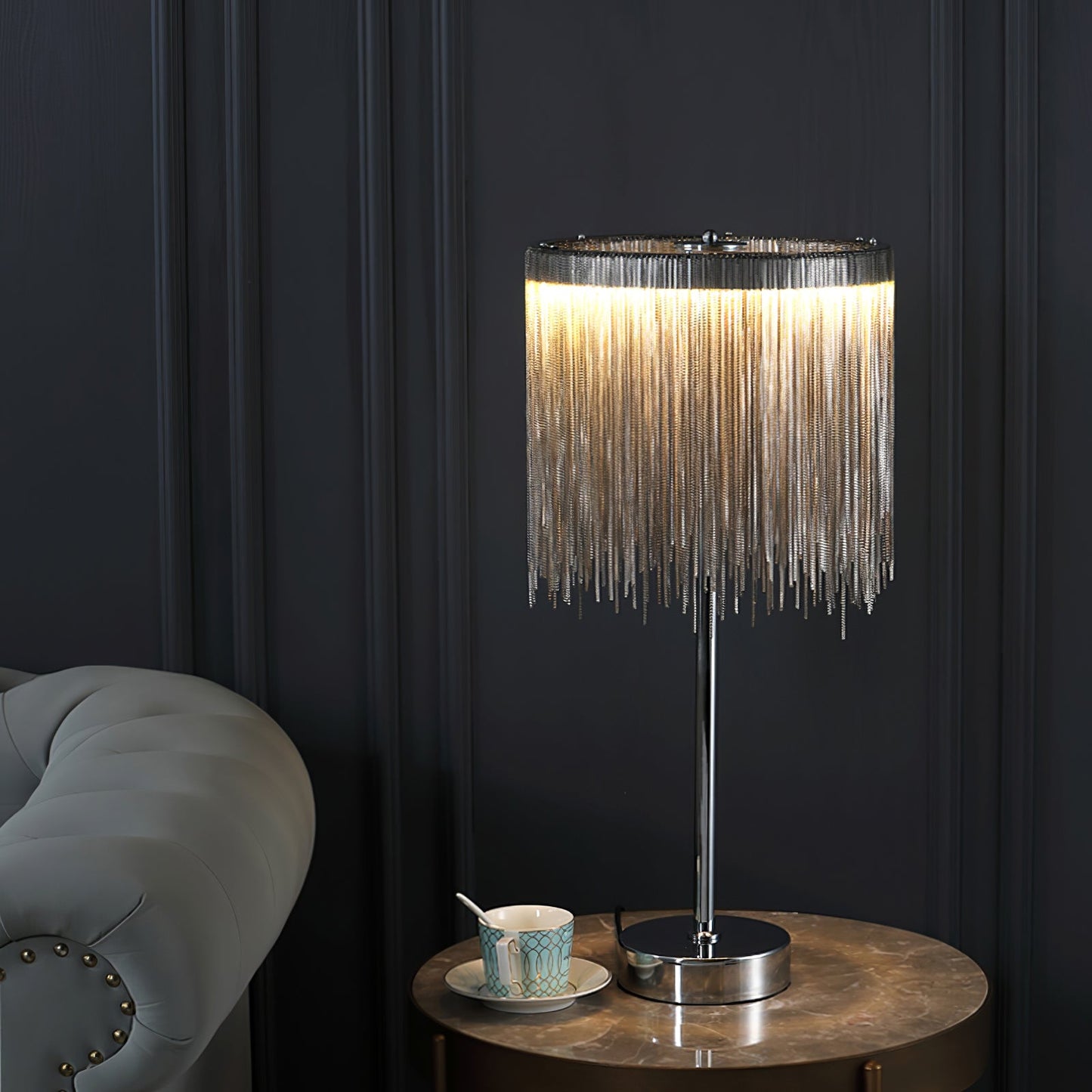 Cadena Tassel Table Lamp | Stainless Steel & Aluminum Chain | Chrome