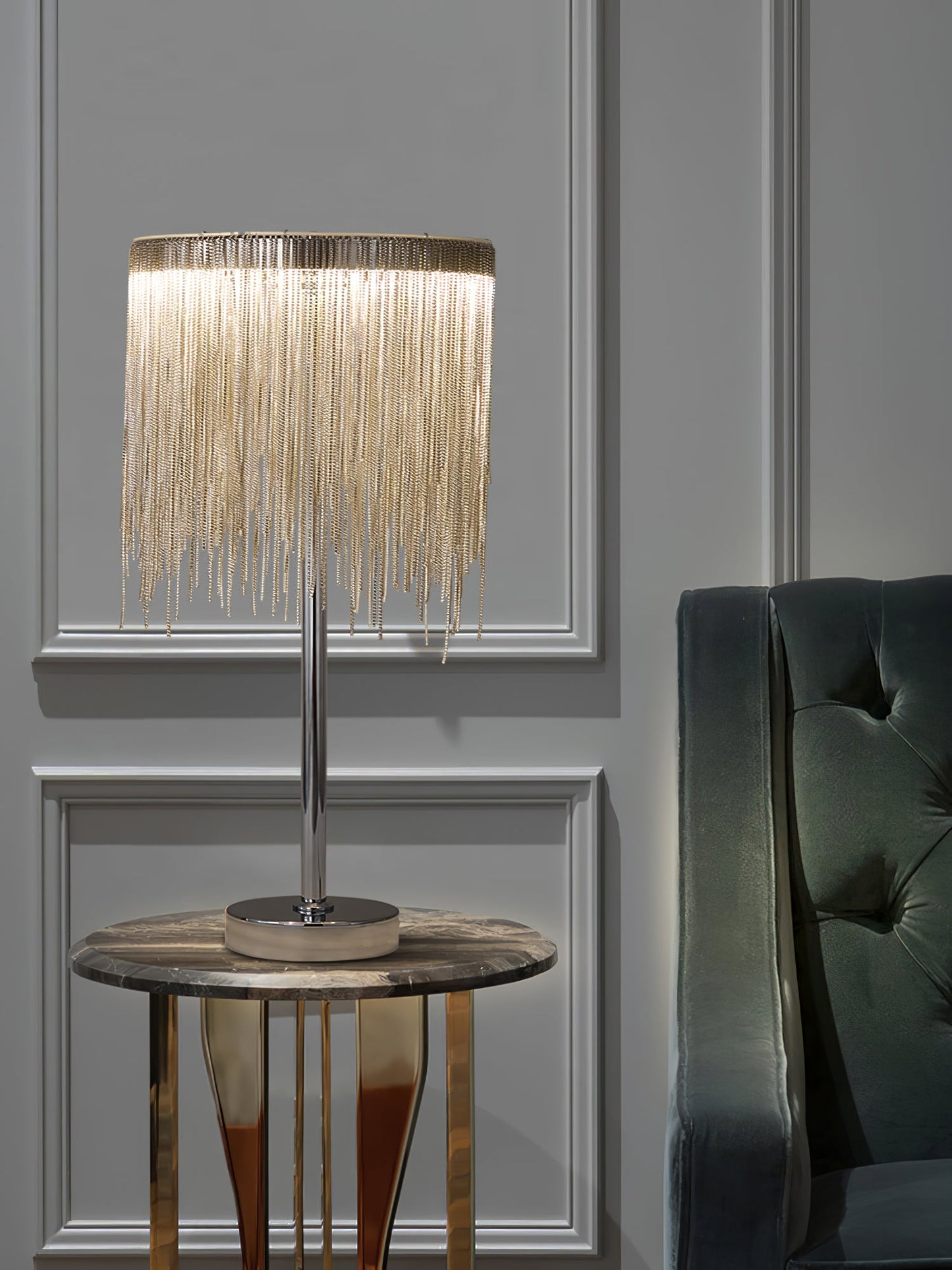 Cadena Tassel Table Lamp | Stainless Steel & Aluminum Chain | Chrome