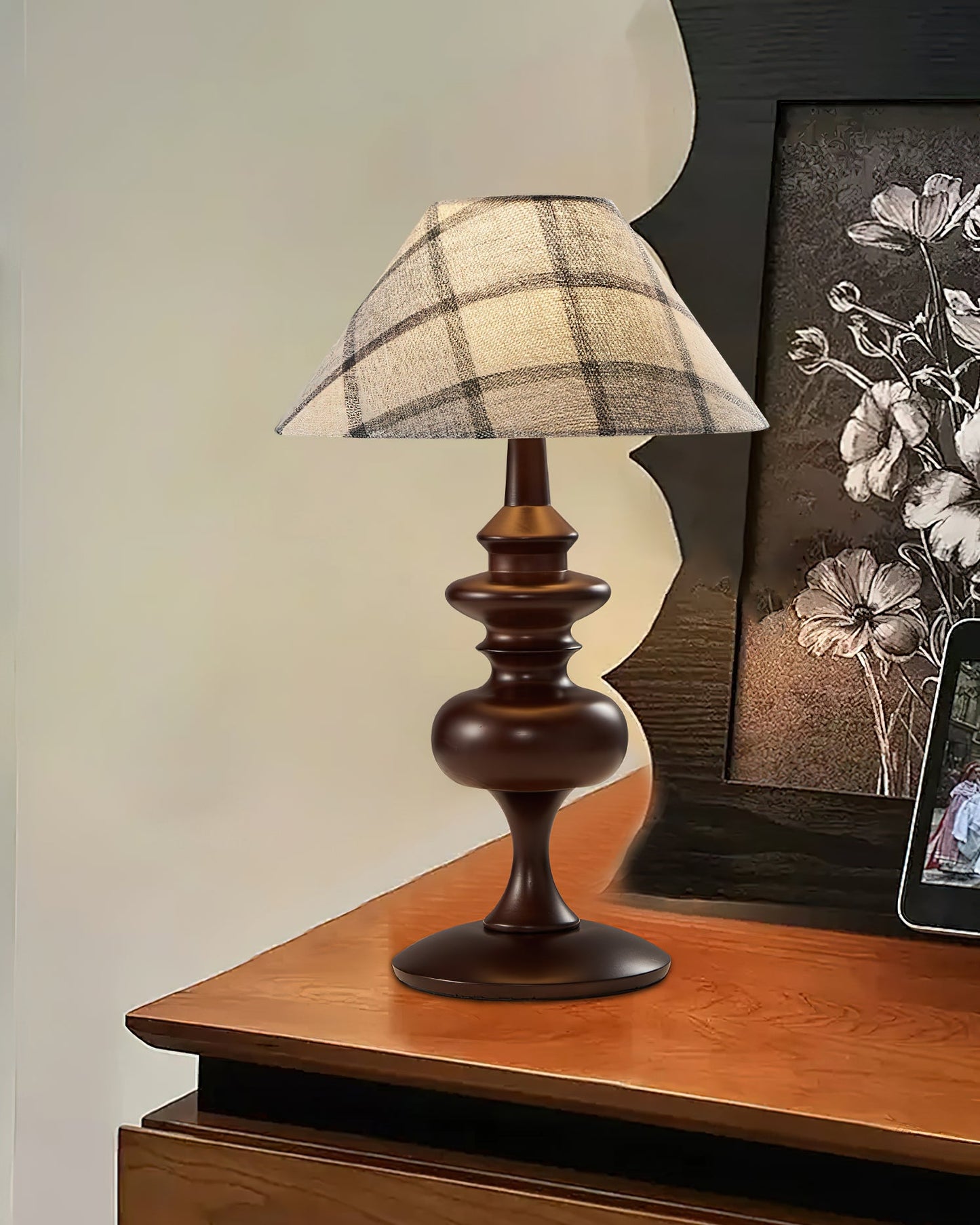 Canora Table Lamp | Walnut Wood Base & Beige Fabric Shade | Retro Design