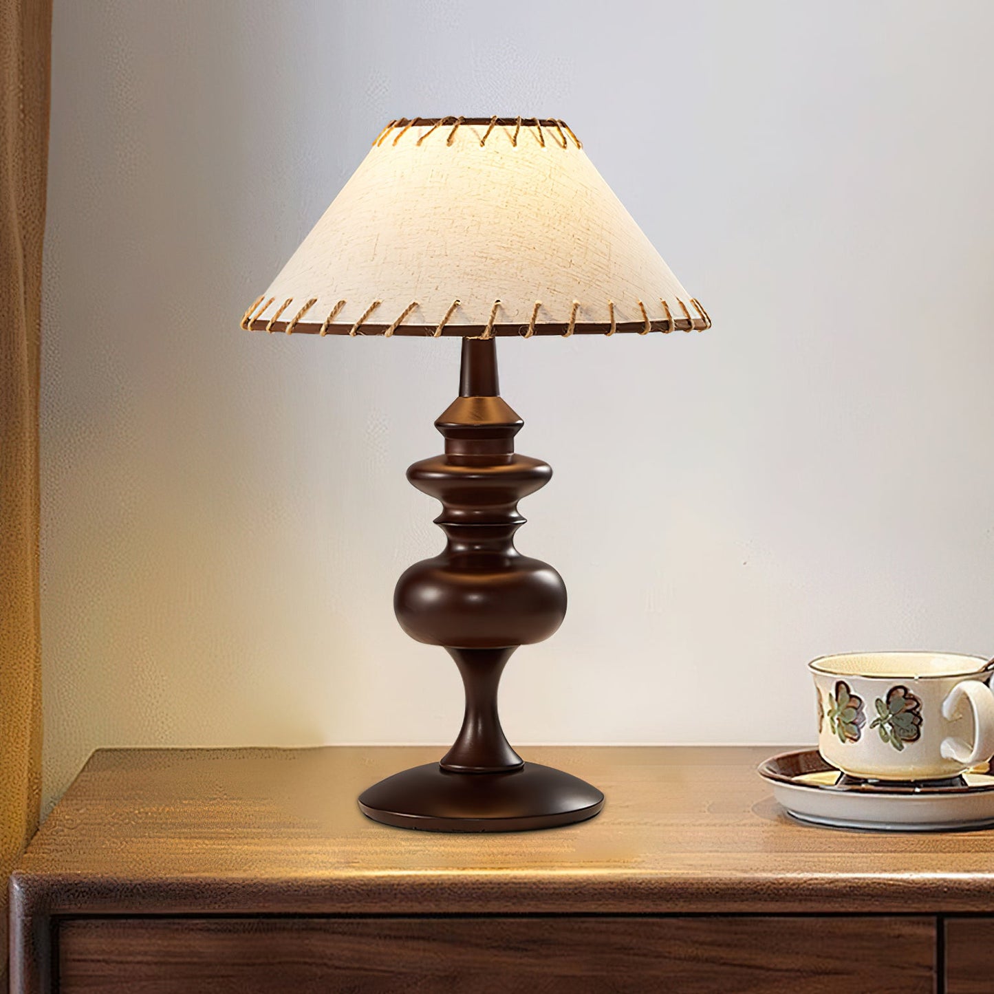 Canora Table Lamp | Walnut Wood Base & Beige Fabric Shade | Retro Design