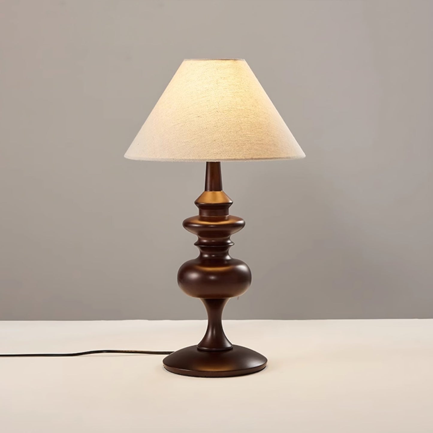 Canora Table Lamp | Walnut Wood Base & Beige Fabric Shade | Retro Design