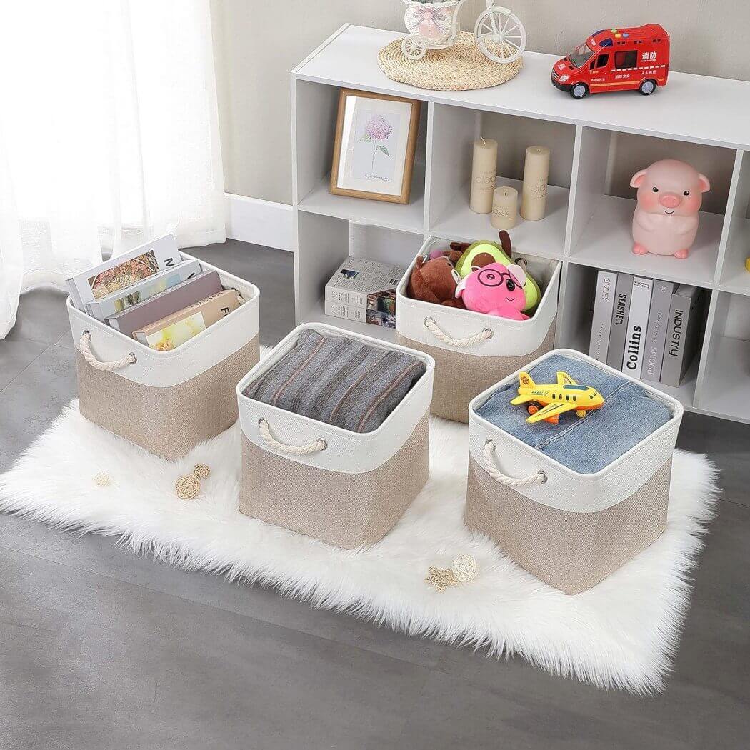 Storage Cube Boxes | Canvas and Linen | White and Light Khaki | Set of 3 Sizes