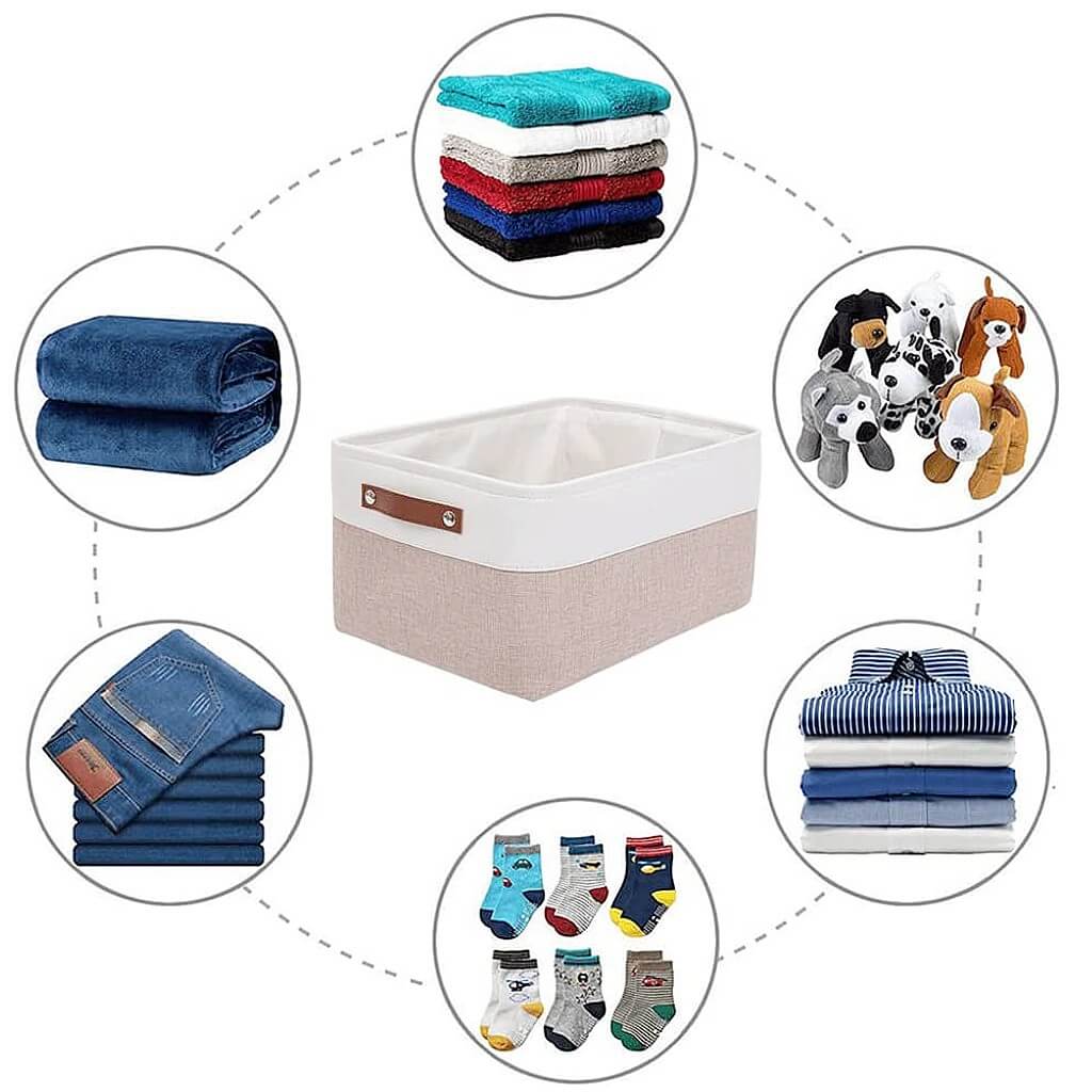 Fabric Storage Boxes | Collapsible with Leather Handles | Set of 3, White & Khaki