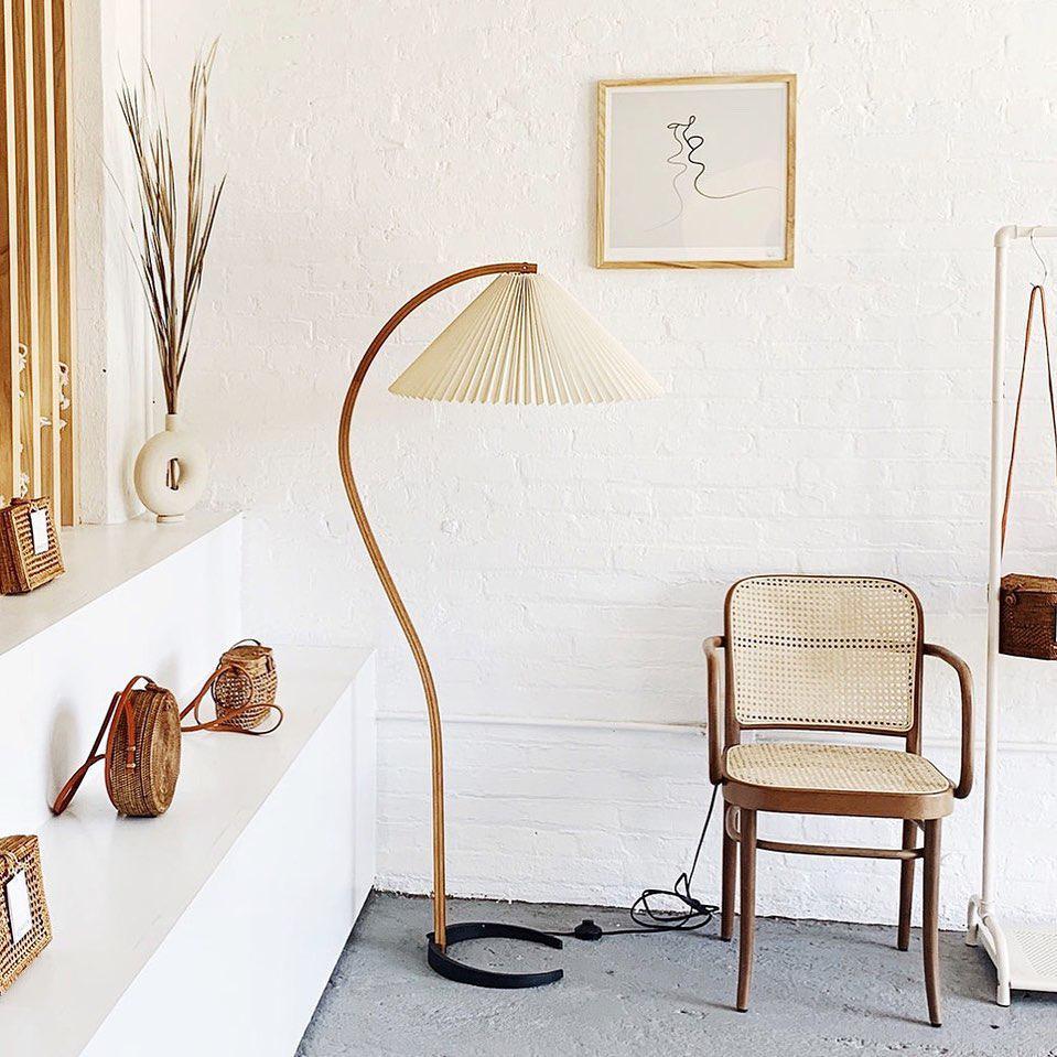Mid-Century Floor Lamp | Beech Wood & Linen | White, Beige, Brown