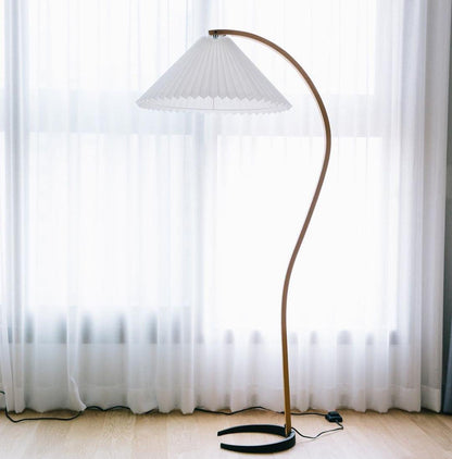Mid-Century Floor Lamp | Beech Wood & Linen | White, Beige, Brown