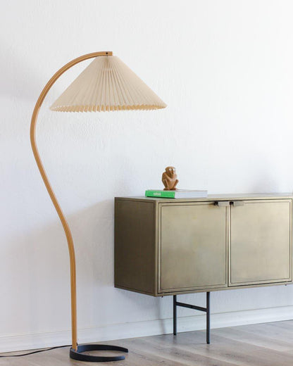 Mid-Century Floor Lamp | Beech Wood & Linen | White, Beige, Brown