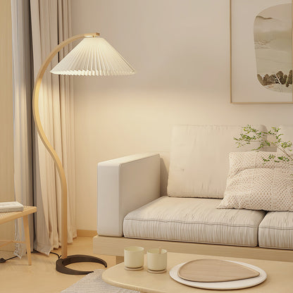 Mid-Century Floor Lamp | Beech Wood & Linen | White, Beige, Brown