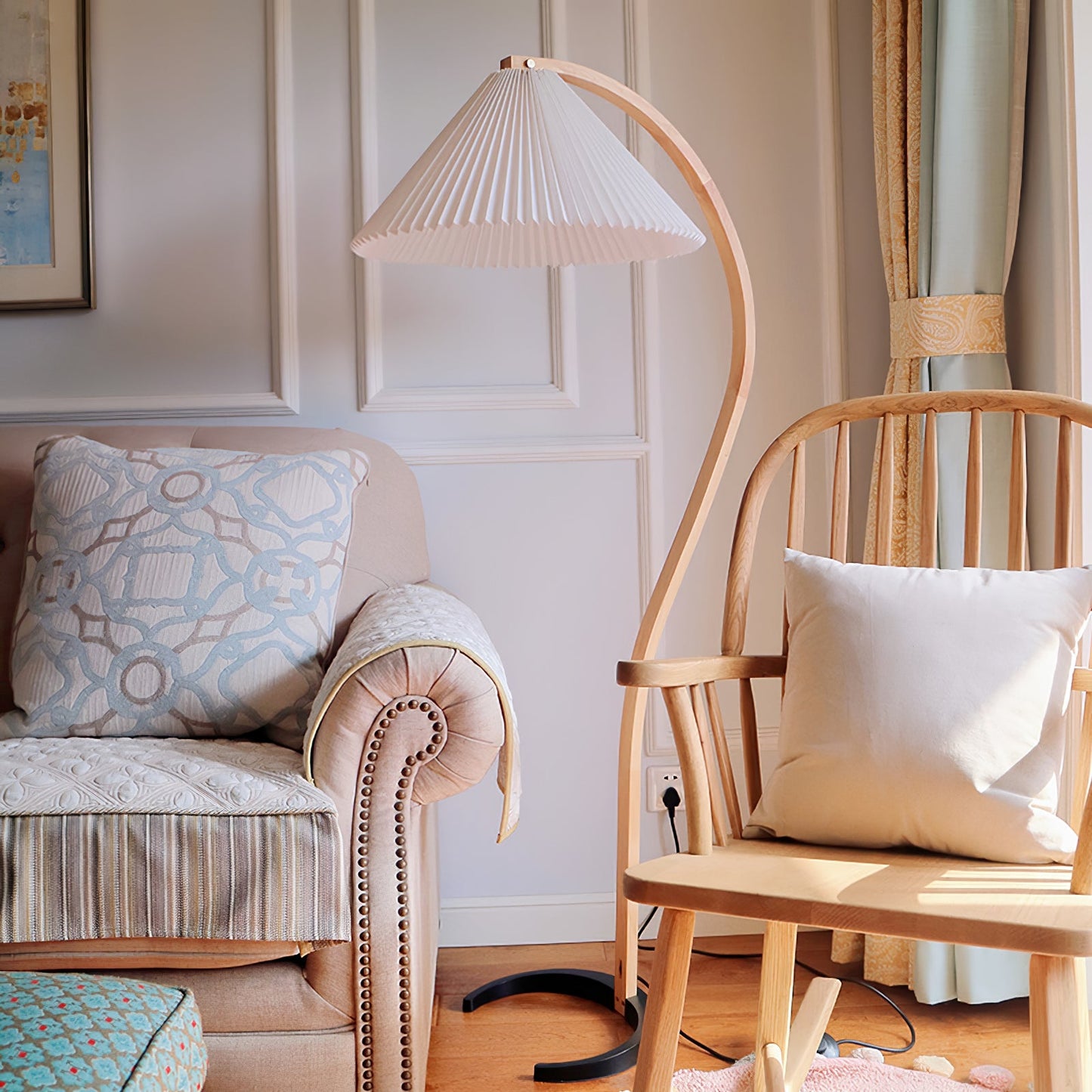 Mid-Century Floor Lamp | Beech Wood & Linen | White, Beige, Brown